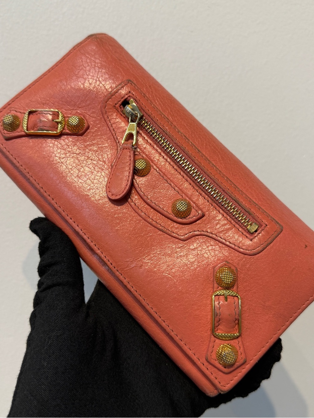 Balenciaga Coral Leather Long Wallet Gold-Tone Studs & Buckle Details